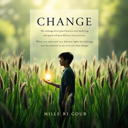 A modern and striking book cover design featuring a silhouette of a teenager standing in a lush green field filled with tall sedges
