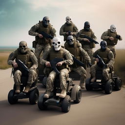 10 combatants, in military camouflage  armed with assault rifles and clad in skeleton face mask and normal bullet proof vests on hover-boards in the sky