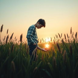 A modern and evocative book cover design featuring a teenager standing in a picturesque green field filled with tall sedges