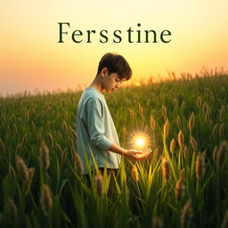 A modern and evocative book cover design featuring a teenager standing in a picturesque green field filled with tall sedges
