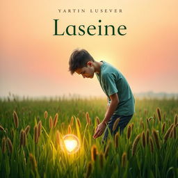 A modern and evocative book cover design featuring a teenager standing in a picturesque green field filled with tall sedges