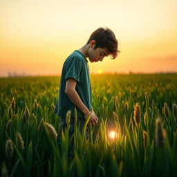 A modern and evocative book cover design featuring a teenager standing in a picturesque green field filled with tall sedges