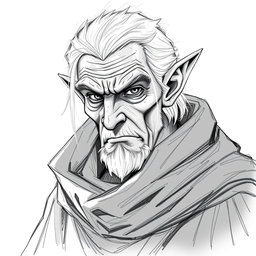 A detailed sketch illustration of a one-eyed half-elf character in his elder age, possessing a wise and calculating expression