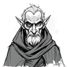 A detailed sketch illustration of a one-eyed half-elf character in his elder age, possessing a wise and calculating expression