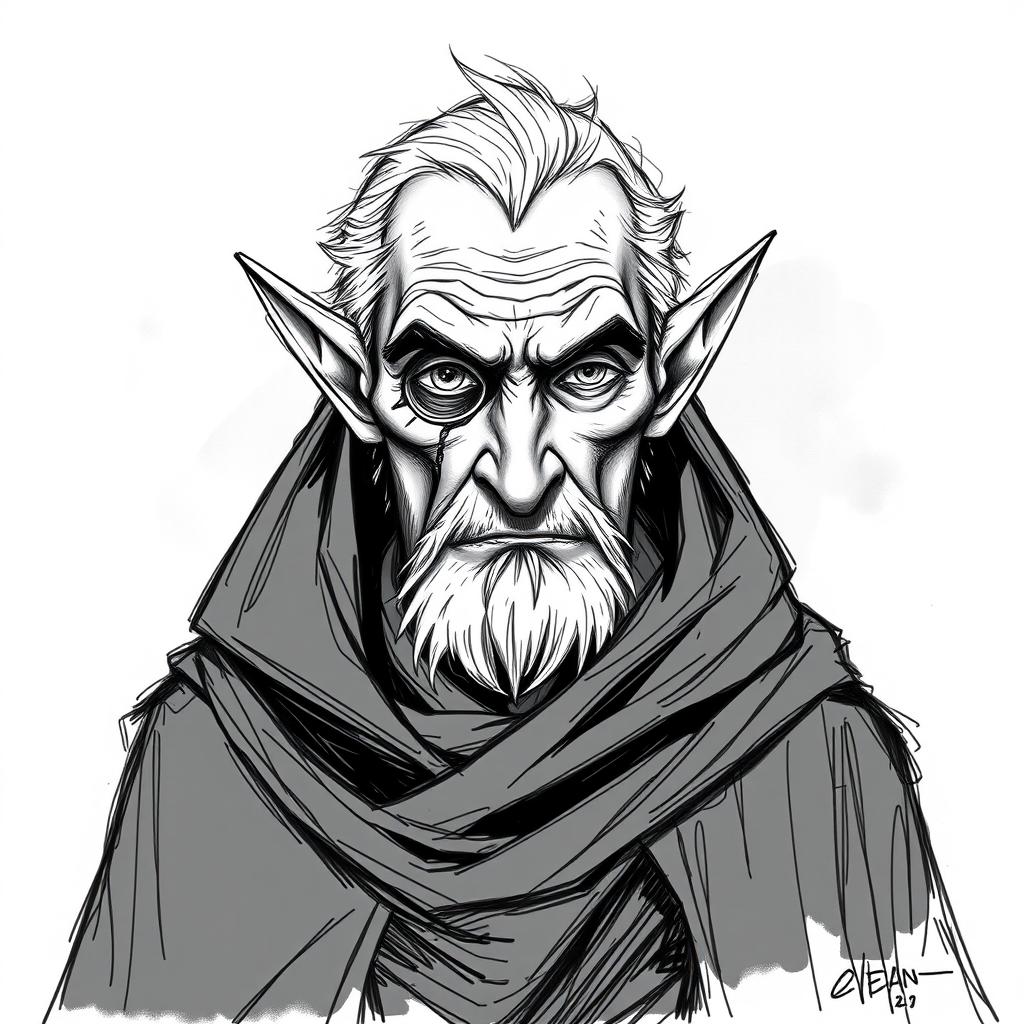 A detailed sketch illustration of a one-eyed half-elf character in his elder age, possessing a wise and calculating expression
