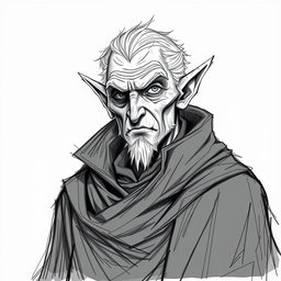 A detailed sketch illustration of a one-eyed half-elf character in his elder age, possessing a wise and calculating expression