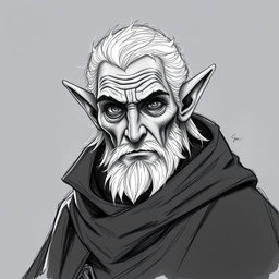 A detailed sketch illustration of a one-eyed half-elf character in his elder age, possessing a wise and calculating expression