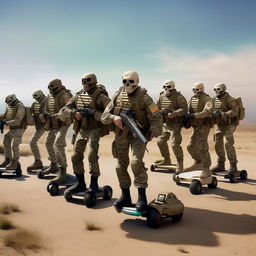 10 combatants, in military camouflage  armed with assault rifles and clad in skeleton face mask and normal bullet proof vests on hover-boards in the sky