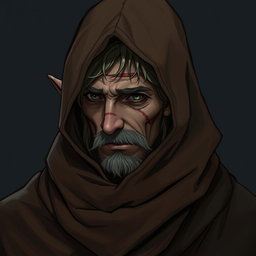 A detailed illustration of a half-elf character with one visible eye, concealed under a large brown burre hood and wearing a long, flowing coat