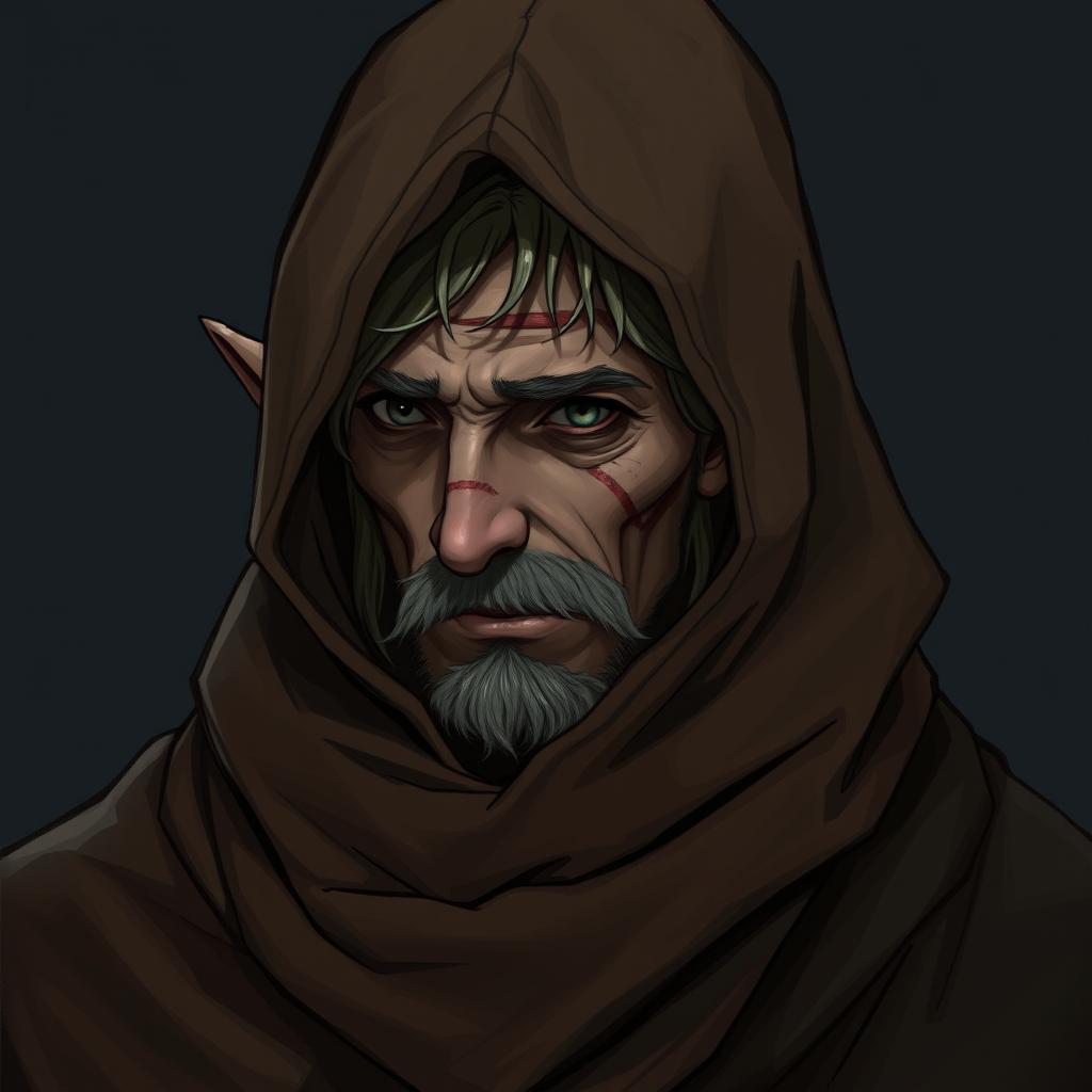 A detailed illustration of a half-elf character with one visible eye, concealed under a large brown burre hood and wearing a long, flowing coat