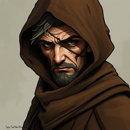 A detailed illustration of a half-elf character with one visible eye, concealed under a large brown burre hood and wearing a long, flowing coat