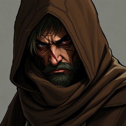 A detailed illustration of a half-elf character with one visible eye, concealed under a large brown burre hood and wearing a long, flowing coat