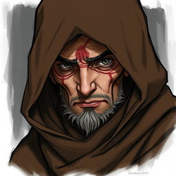 A detailed illustration of a half-elf character with one visible eye, concealed under a large brown burre hood and wearing a long, flowing coat