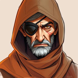 A vibrant color sketch illustration of a half-elf character with one visible eye, cleverly concealed under a large brown burre hood and a long, flowing coat