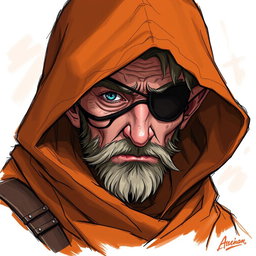 A vibrant color sketch illustration of a half-elf character with one visible eye, cleverly concealed under a large brown burre hood and a long, flowing coat