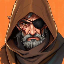 A vibrant color sketch illustration of a half-elf character with one visible eye, cleverly concealed under a large brown burre hood and a long, flowing coat