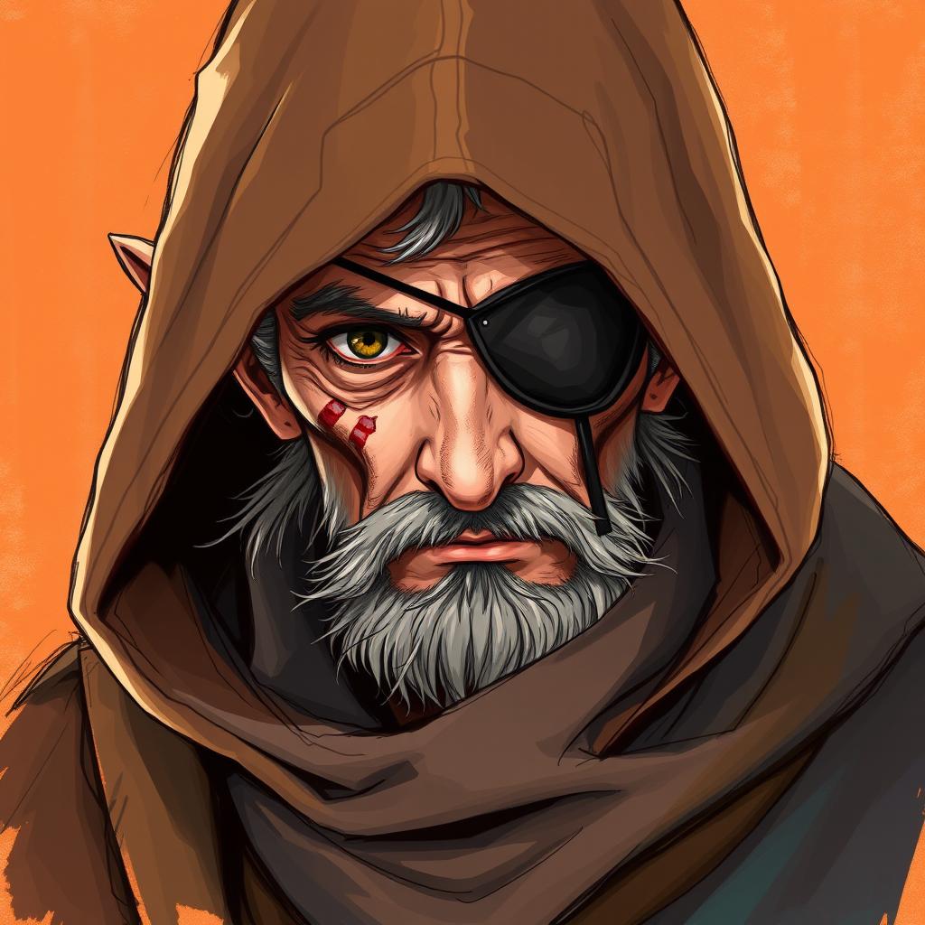 A vibrant color sketch illustration of a half-elf character with one visible eye, cleverly concealed under a large brown burre hood and a long, flowing coat