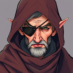A vibrant color sketch illustration of a half-elf character with one visible eye, cleverly concealed under a large brown burre hood and a long, flowing coat