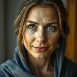 A portrait of a beautiful, tanned Greek woman aged between 35 to 45 years, showcasing her stunning eyes