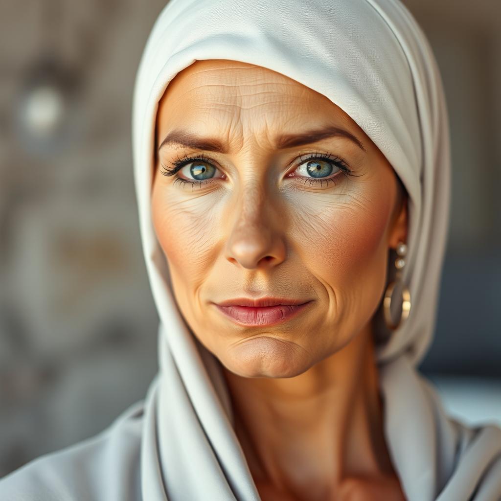 A portrait of a beautiful, tanned Greek woman aged between 35 to 45 years, showcasing her stunning eyes