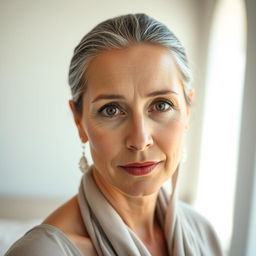 A portrait of a beautiful, tanned Greek woman aged between 35 to 45 years, showcasing her stunning eyes