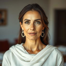 A portrait of a beautiful, tanned Greek woman aged between 35 to 45 years, showcasing her stunning eyes