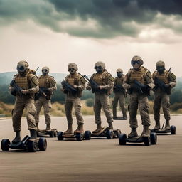 10 combatants, in military camouflage  armed with assault rifles and clad in skeleton face mask and normal bullet proof vests on hover-boards in the sky