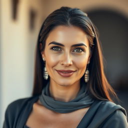 A portrait of a beautiful, tanned Greek woman aged between 30 to 40 years, showcasing her captivating eyes