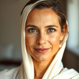 A portrait of a beautiful, tanned Greek woman aged between 30 to 40 years, showcasing her captivating eyes