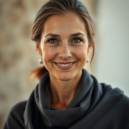 A portrait of a beautiful, tanned Greek woman aged between 30 to 40 years, showcasing her captivating eyes