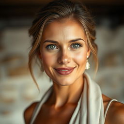 A portrait of a beautiful, tanned Greek woman aged between 30 to 40 years, showcasing her strikingly beautiful eyes