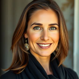 A portrait of a beautiful, tanned Greek woman aged between 30 to 40 years, showcasing her strikingly beautiful eyes