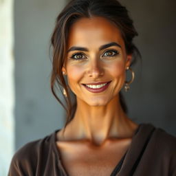 A portrait of a beautiful, tanned Greek woman aged between 30 to 40 years, showcasing her strikingly beautiful eyes