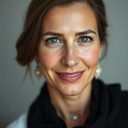 A portrait of a beautiful, tanned Greek woman aged between 30 to 40 years, showcasing her strikingly beautiful eyes