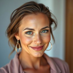 A striking portrait of a beautiful, tanned Greek woman aged between 30 to 40 years, featuring her gorgeous eyes