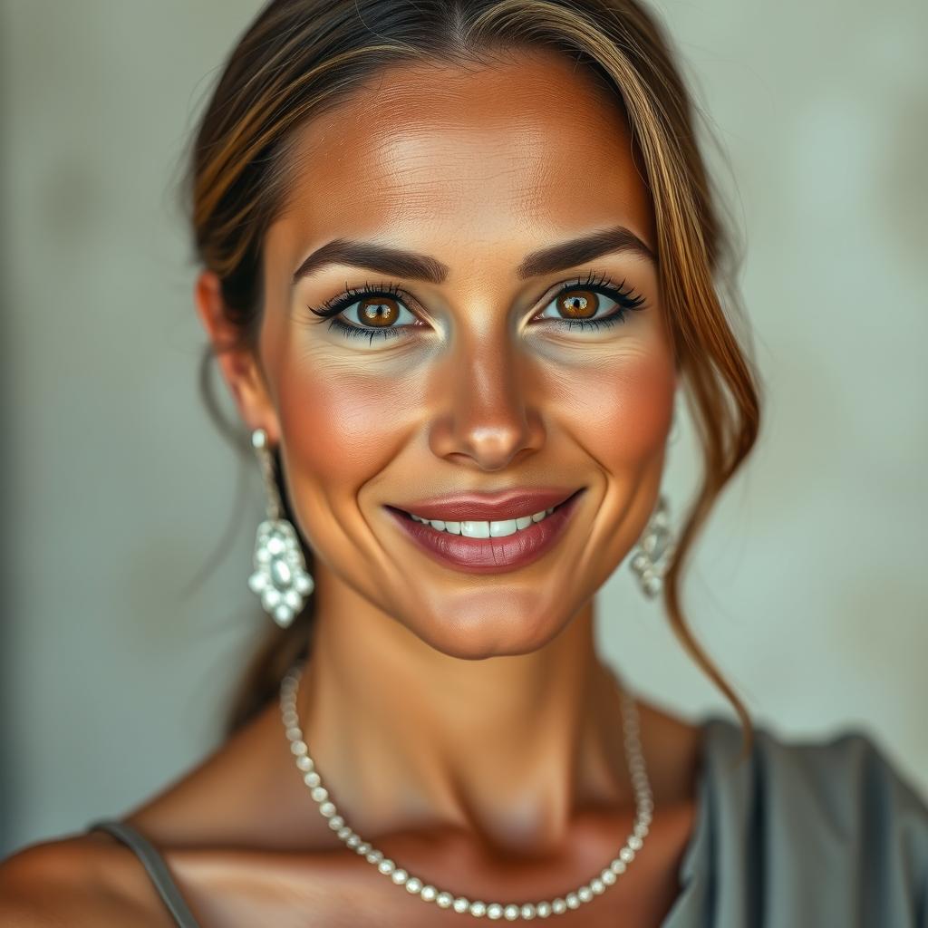 A captivating portrait of a beautiful, tanned Greek woman aged between 30 to 40 years, with strikingly beautiful eyes