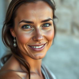 A captivating portrait of a beautiful, tanned Greek woman aged between 30 to 40 years, with strikingly beautiful eyes