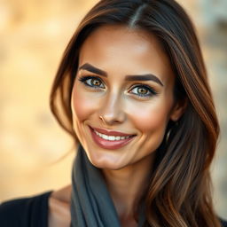 A captivating portrait of a beautiful, tanned Greek woman aged between 30 to 40 years, with strikingly beautiful eyes