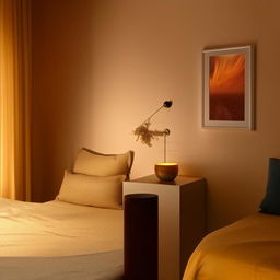 A welcoming Airbnb room with a bed, side table, beige bedside wall, warm lighting, a wall photo, and warm-coloured curtains