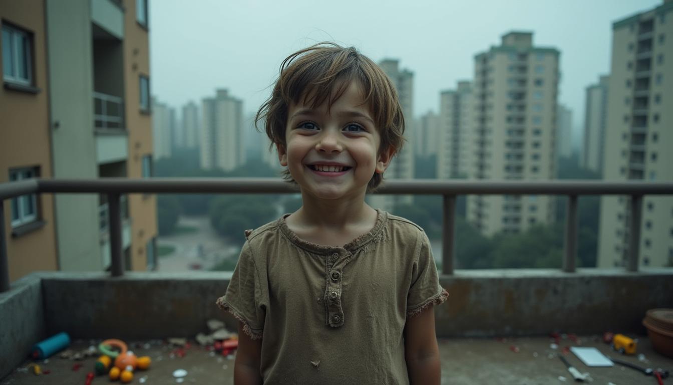 A 5-year-old boy standing on a balcony of an apartment building, wearing tattered and dirty clothes that look worn out