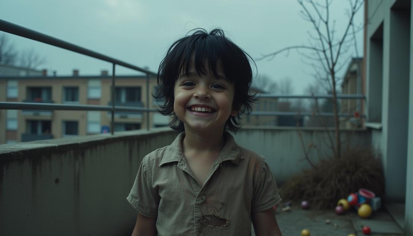 A 5-year-old boy with black hair standing on the balcony of an apartment building