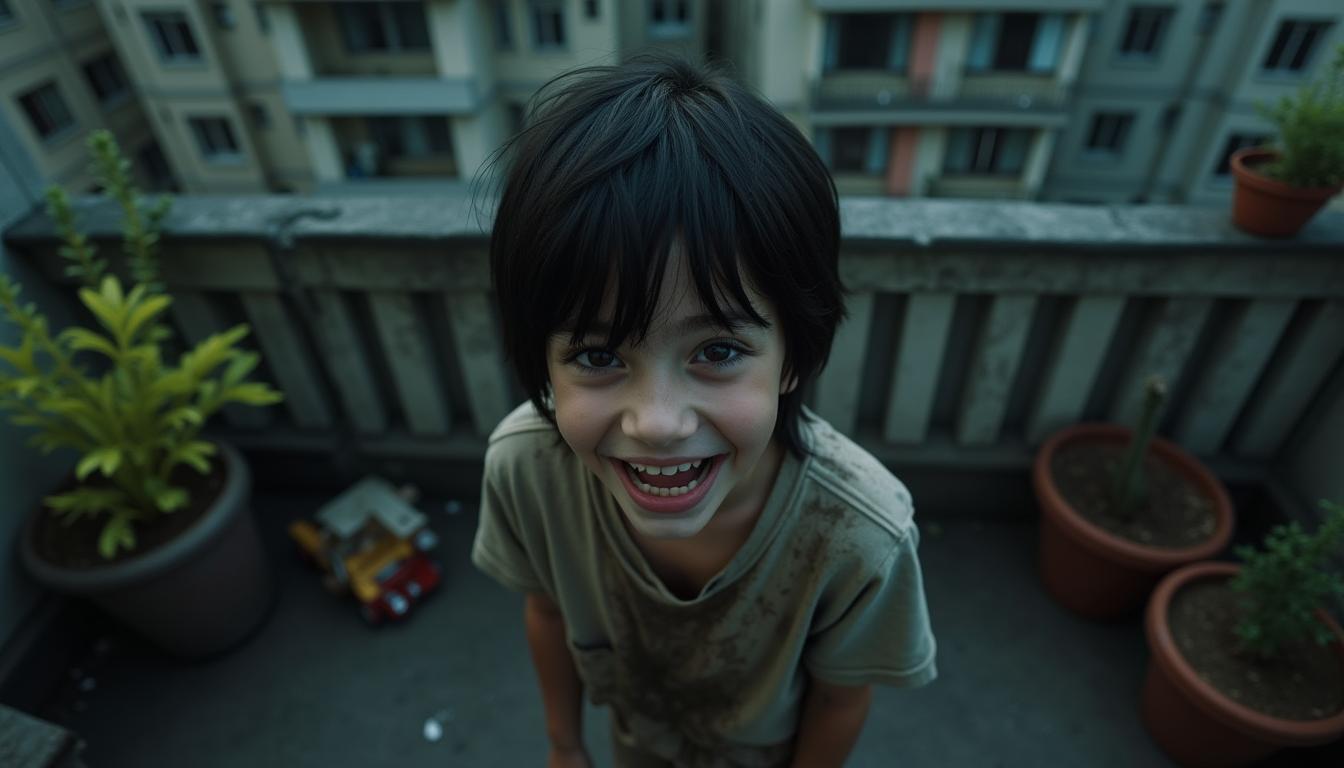 A 5-year-old boy with black hair standing on an apartment balcony