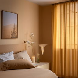 A welcoming Airbnb room with a bed, side table, beige bedside wall, warm lighting, a wall photo, and warm-coloured curtains