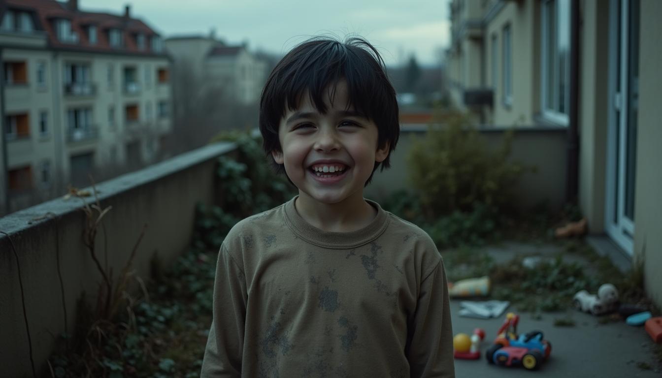 A 5-year-old boy with black hair standing on an apartment balcony