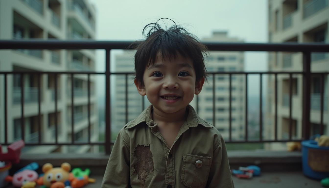 A 4-year-old boy standing on an apartment balcony, wearing dirty and worn-out clothes that appear neglected