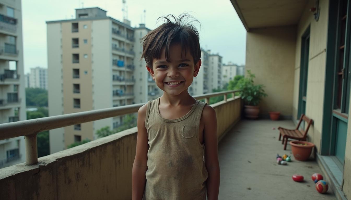A 4-year-old boy standing on the balcony of an apartment building, dressed in dirty and worn-out clothes that reflect neglect