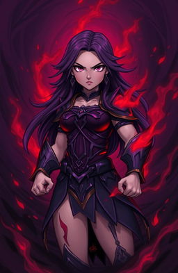 A strong girl with an empowered stance, surrounded by dark purple hues and dark red flames swirling around her