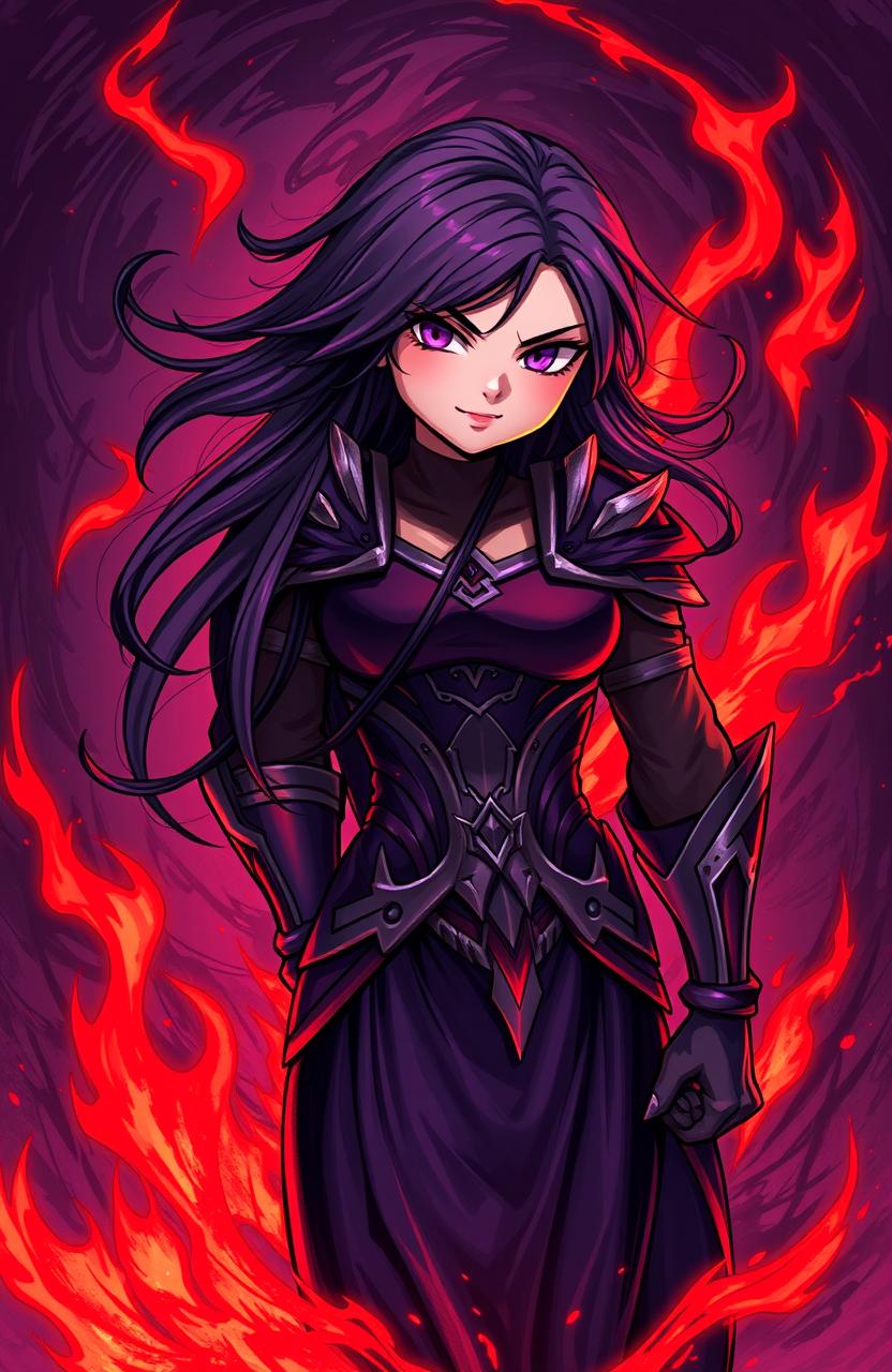 A strong girl with an empowered stance, surrounded by dark purple hues and dark red flames swirling around her