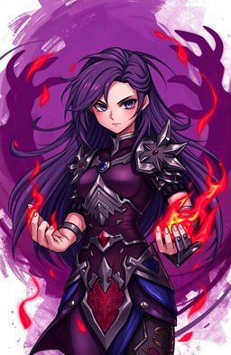 A strong girl with an empowered stance, surrounded by dark purple hues and dark red flames swirling around her