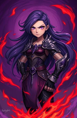 A strong girl with an empowered stance, surrounded by dark purple hues and dark red flames swirling around her